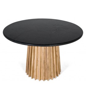 Mesa de comedor redonda base madera de mango tapa en mármol negro mdmhogar