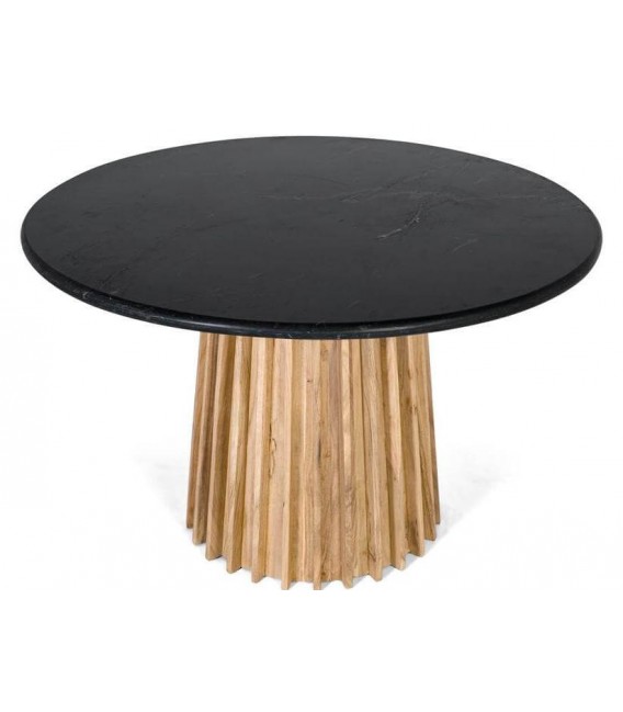Mesa de comedor redonda base madera de mango tapa en mármol negro mdmhogar