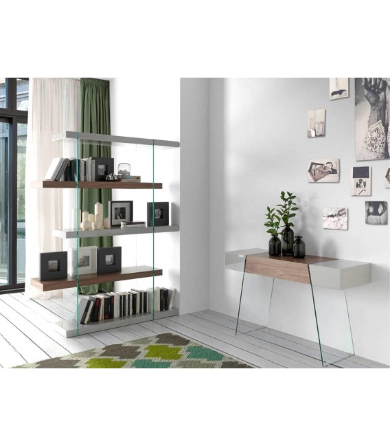 Estantería de madera grande nogal y gris perla costados cristal mdmhogar