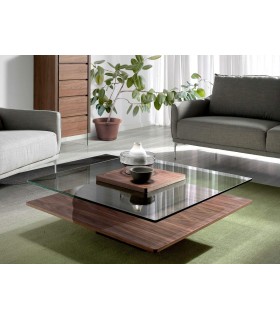 Mesa centro cuadrada cristal templado base madera mdmhogar