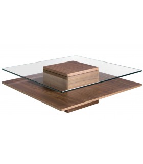 Mesa centro cuadrada cristal templado base madera mdmhogar