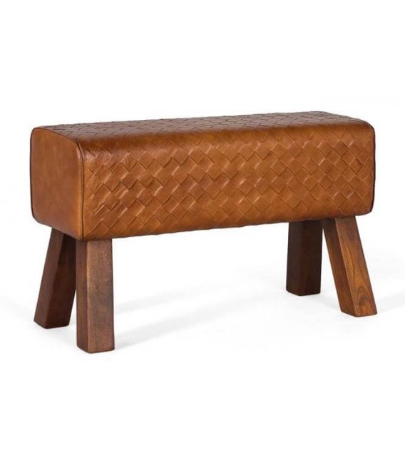 Banqueta cómoda madera maciza y piel bovina mdmhogar