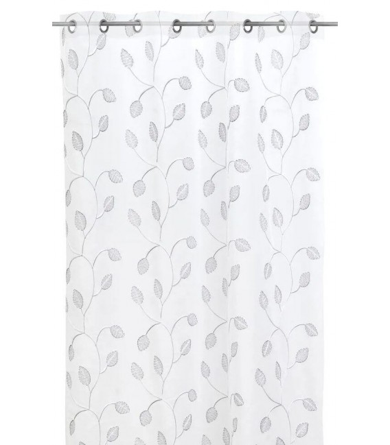Cortina visillo motivo floral bordado color blanco y gris mdmhogar