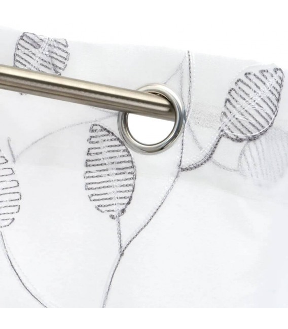 Cortina visillo motivo floral bordado color blanco y gris mdmhogar