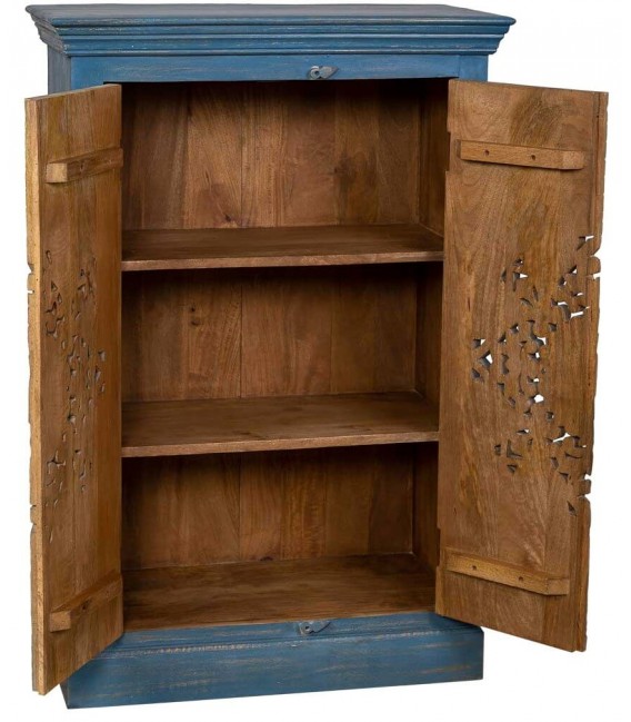 Armario alacena bajo tallado a mano acabado azul rozado mdmhogar