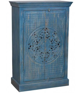 Armario alacena bajo tallado a mano acabado azul rozado mdmhogar