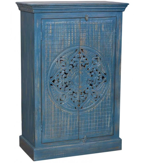 Armario alacena bajo tallado a mano acabado azul rozado mdmhogar