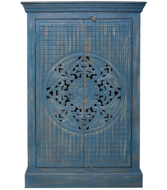 Armario alacena bajo tallado a mano acabado azul rozado mdmhogar