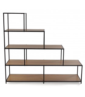 Estantería escalonada industrial en roble tostado y metal negro. 1