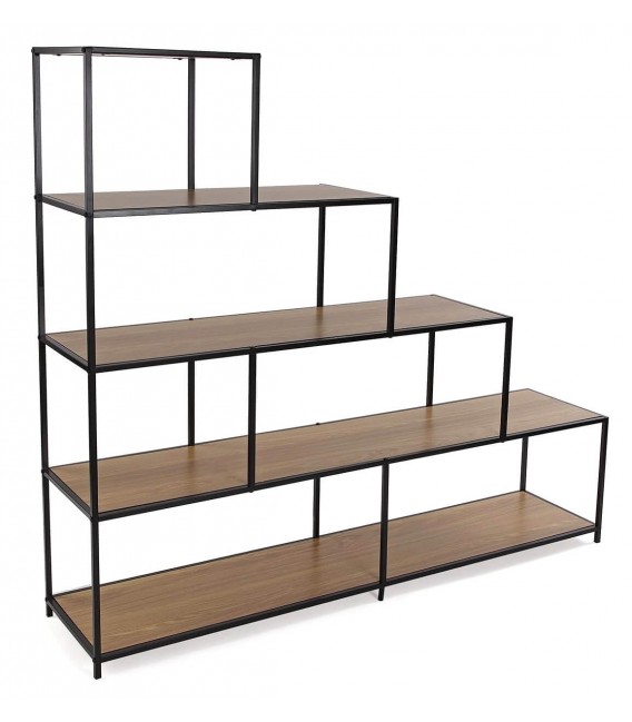 Estantería escalonada industrial en roble tostado y metal negro.