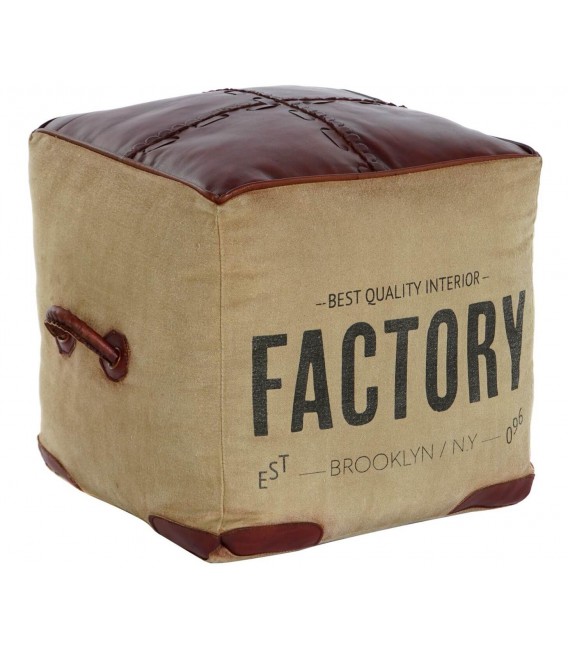 Puf piel marrón y loneta serigrafiada en negro mdmhogar