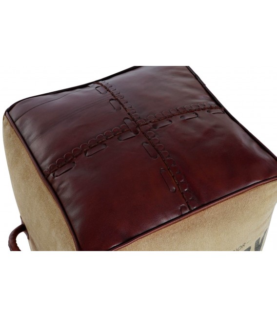 Puf piel marrón y loneta serigrafiada en negro mdmhogar