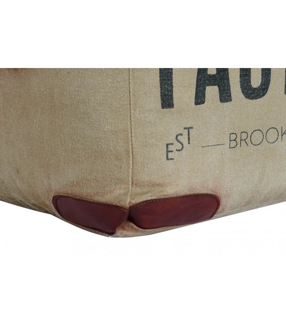 Puf piel marrón y loneta serigrafiada en negro mdmhogar