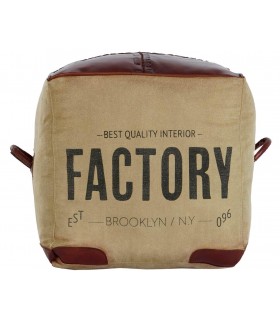 Puf piel marrón y loneta serigrafiada en negro mdmhogar