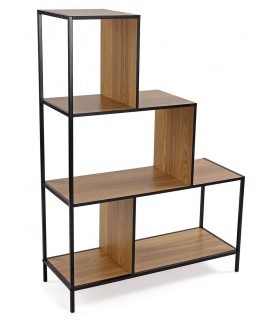 Estantería pequeña industrial en roble tostado y metal negro.