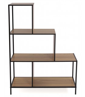 Estantería pequeña industrial en roble tostado y metal negro. 1