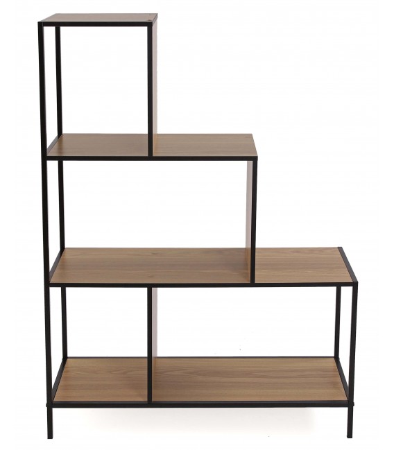 Estantería pequeña industrial en roble tostado y metal negro. 1