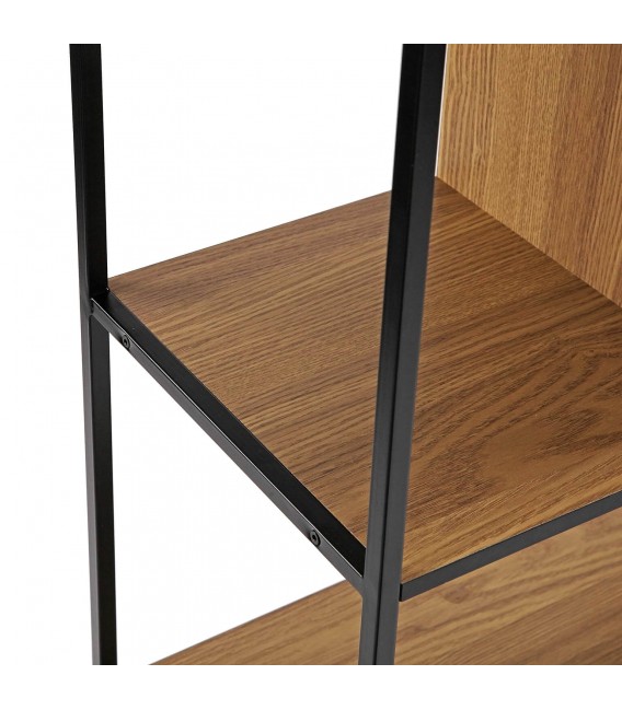 Estantería pequeña industrial en roble tostado y metal negro. 2