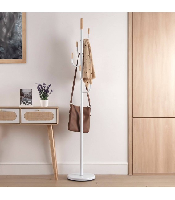 Perchero de Pie en Metal Blanco y Madera Natural Mdmhogar