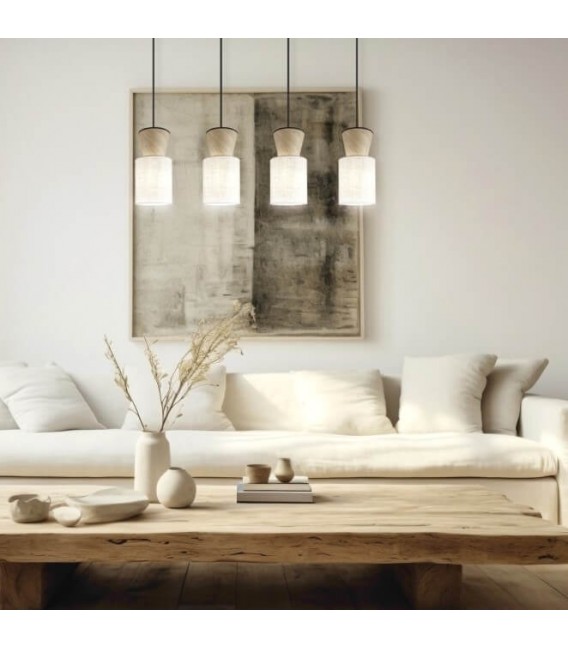 Lámpara de Techo con 3 Pantallas de Madera Natural y Lino Crudo Mdmhogar