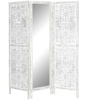 Biombo de Madera de Mango Tallada a Mano con Espejo