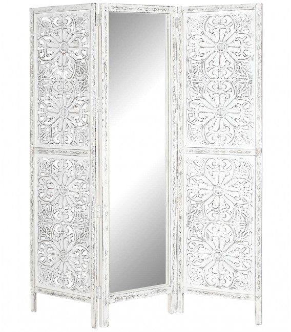 Biombo de Madera de Mango Tallada a Mano con Espejo