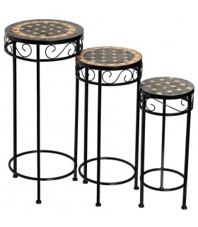 Juego de 3 Pedestales de Hierro Negro y Cerámica Gris y Beige Mdmhogar