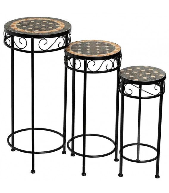 Juego de 3 Pedestales de Hierro Negro y Cerámica Gris y Beige Mdmhogar