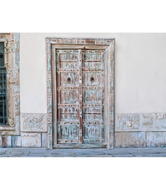 Puerta Antigua de Madera Tallada  Aplicaciones en Metal Azul Decapado Mdmhogar