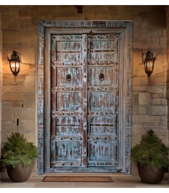 Puerta Antigua de Madera Tallada  Aplicaciones en Metal Azul Decapado Mdmhogar2