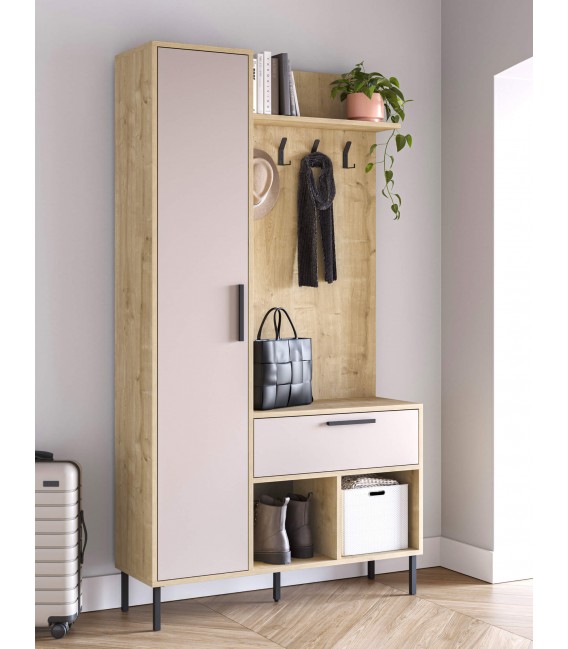 Mueble de Entrada Multifuncional en Roble y Crema Mdmhogar
