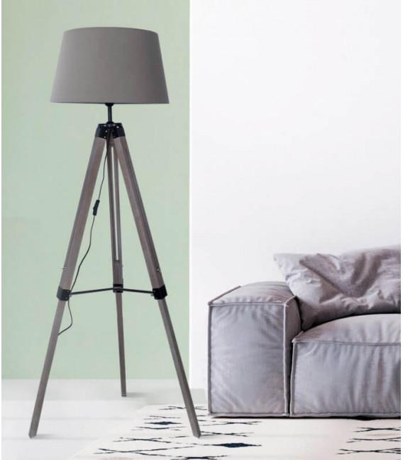 Lámpara de Pie, Trípode metal, madera y textil Gris y Negro Mdmhogar