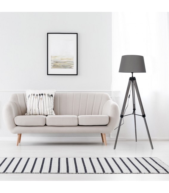 Lámpara de Pie, Trípode metal, madera y textil Gris y Negro Mdmhogar1