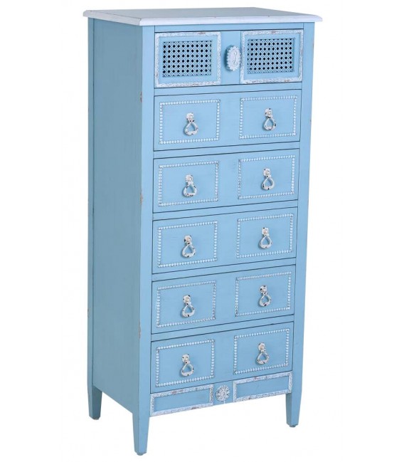 Sinfonier Clásico Romántico con 6 Cajones Madera y Ratán Azul Rozado Mdmhogar