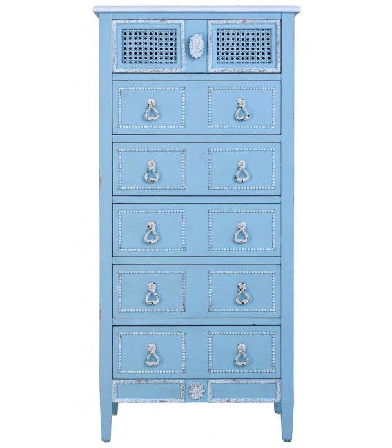 Sinfonier Clásico Romántico con 6 Cajones Madera y Ratán Azul Rozado Mdmhogar