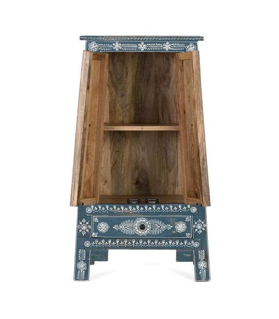 Armario Bajo Piramidal en Madera de Mango Azul con Detalles Blancos Mdmhogar2