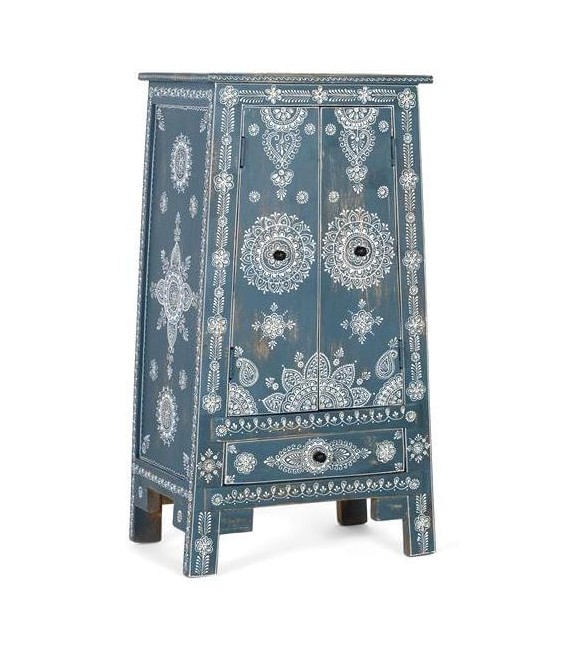 Armario Bajo Piramidal en Madera de Mango Azul con Detalles Blancos Mdmhogar