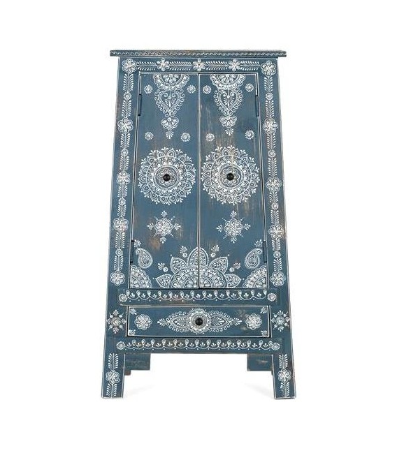 Armario Bajo Piramidal en Madera de Mango Azul con Detalles Blancos Mdmhogar1