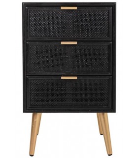 Mesita de Noche con 3 Cajones en Madera y Ratán Negro Mdmhogar1