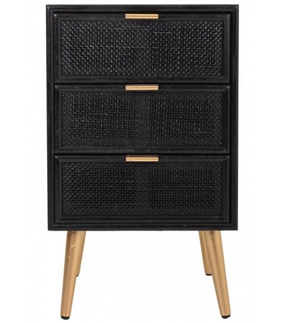 Mesita de Noche con 3 Cajones en Madera y Ratán Negro Mdmhogar1