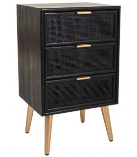 Mesita de Noche con 3 Cajones en Madera y Ratán Negro Mdmhogar