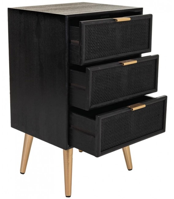 Mesita de Noche con 3 Cajones en Madera y Ratán Negro Mdmhogar2
