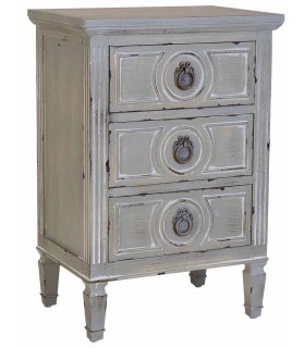 Mesita de noche gris rozado con 3 cajones artesanales. Mdmhogar