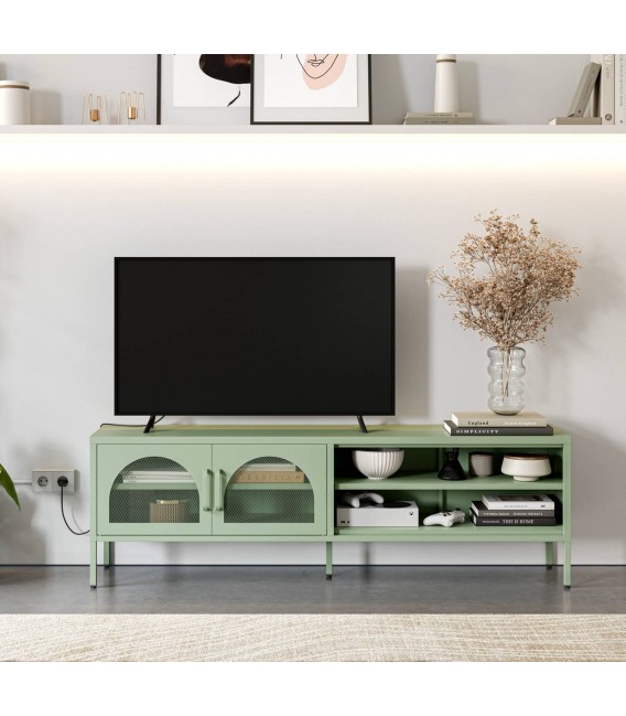 Mueble de TV metálico color verde – Diseño moderno y práctico Mdmhogar