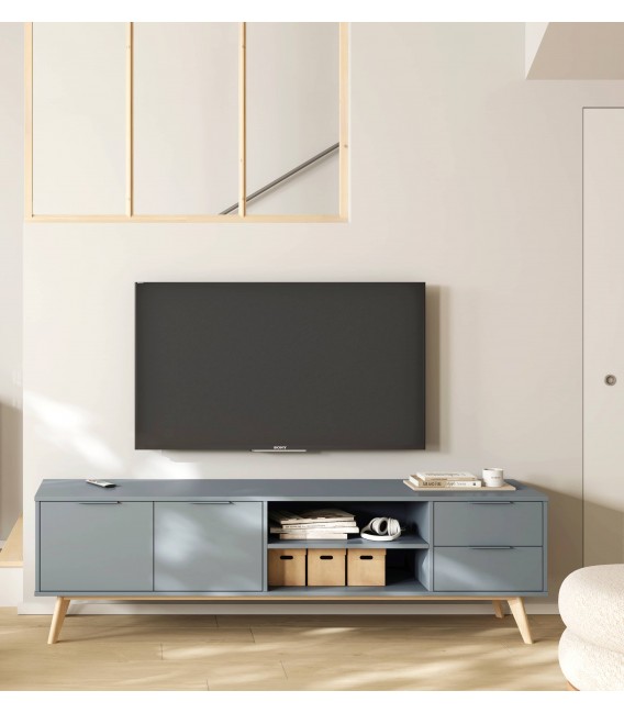 Mueble de TV grande – Madera natural y acabado en gris Mdmhogar