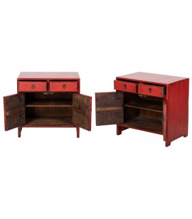 Set 2 mesitas antiguas – Madera lacada rojo pátina negra Mdmhogar1