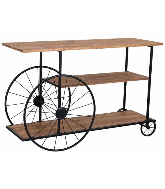 Consola industrial madera natural, estructura metal negro, ruedas. Mdmhogar