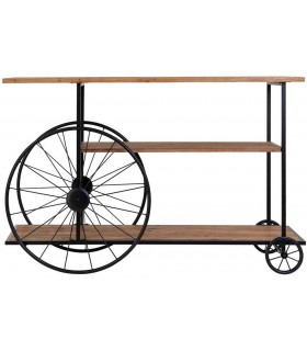Consola industrial madera natural, estructura metal negro, ruedas. Mdmhogar1