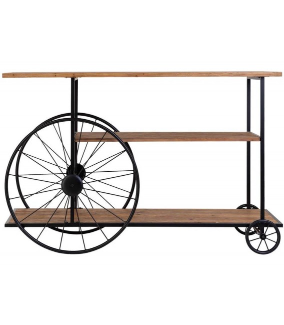 Consola industrial madera natural, estructura metal negro, ruedas. Mdmhogar1
