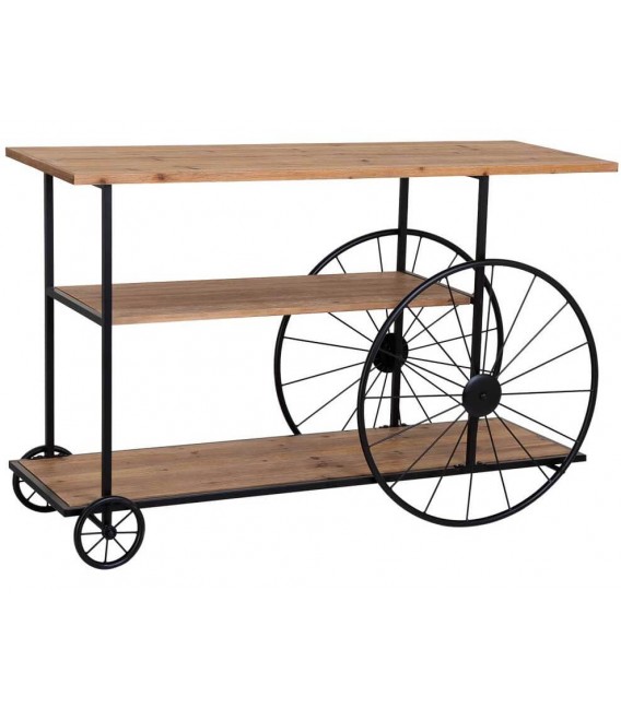 Consola industrial madera natural, estructura metal negro, ruedas. Mdmhogar3